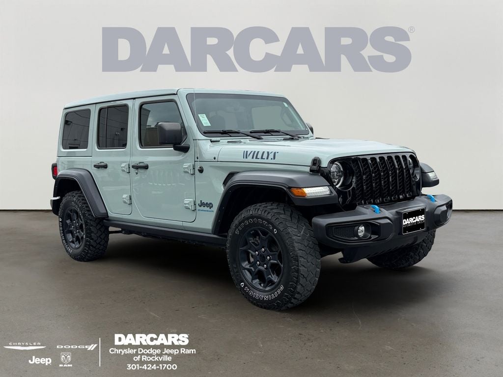 2023 Jeep Wrangler Willys 4xe w/Sky-One Touch in Earl Clearcoat — front three-quarter view