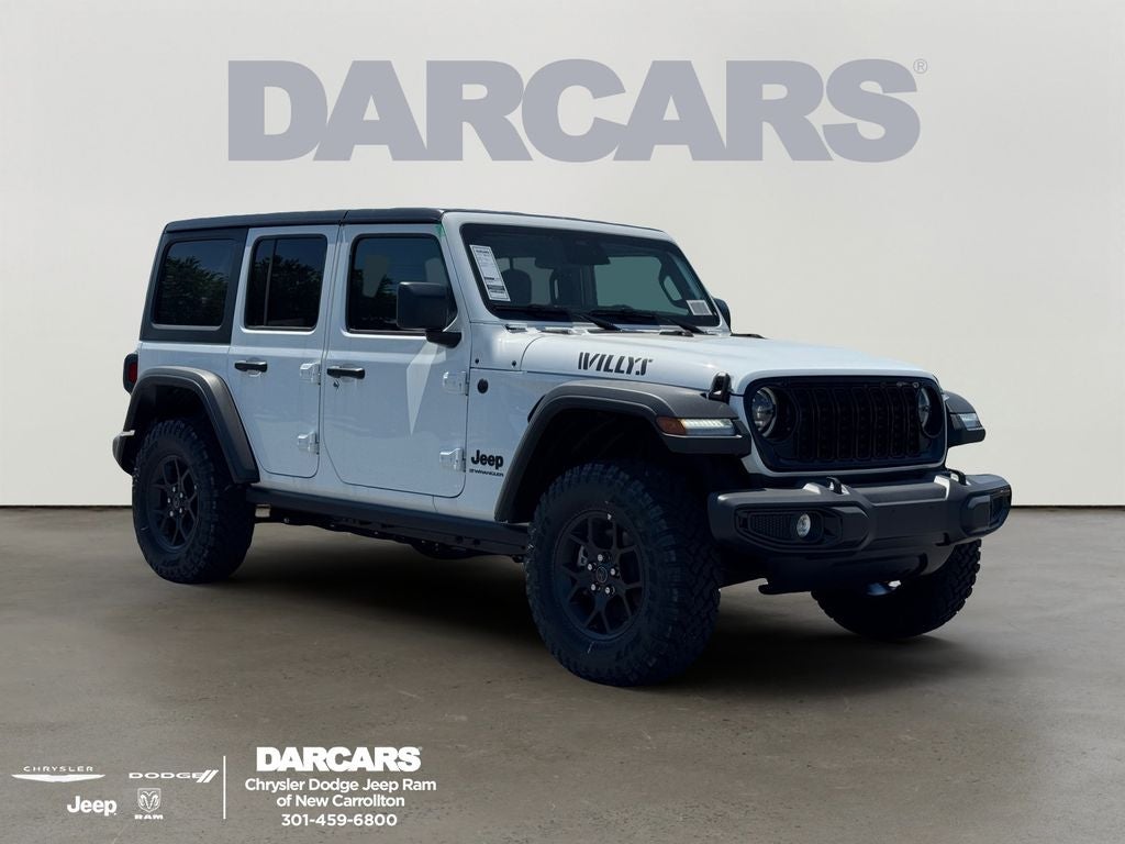 2026 Jeep Wrangler Willys in Bright White Clear-Coat Exterior Paint — front three-quarter view